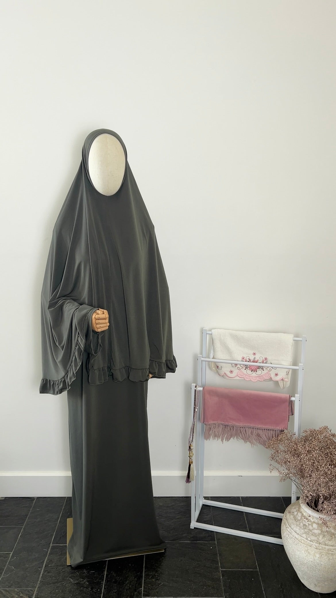 RUFFLE ABAYA KHIMAR SET DARK KHAKI