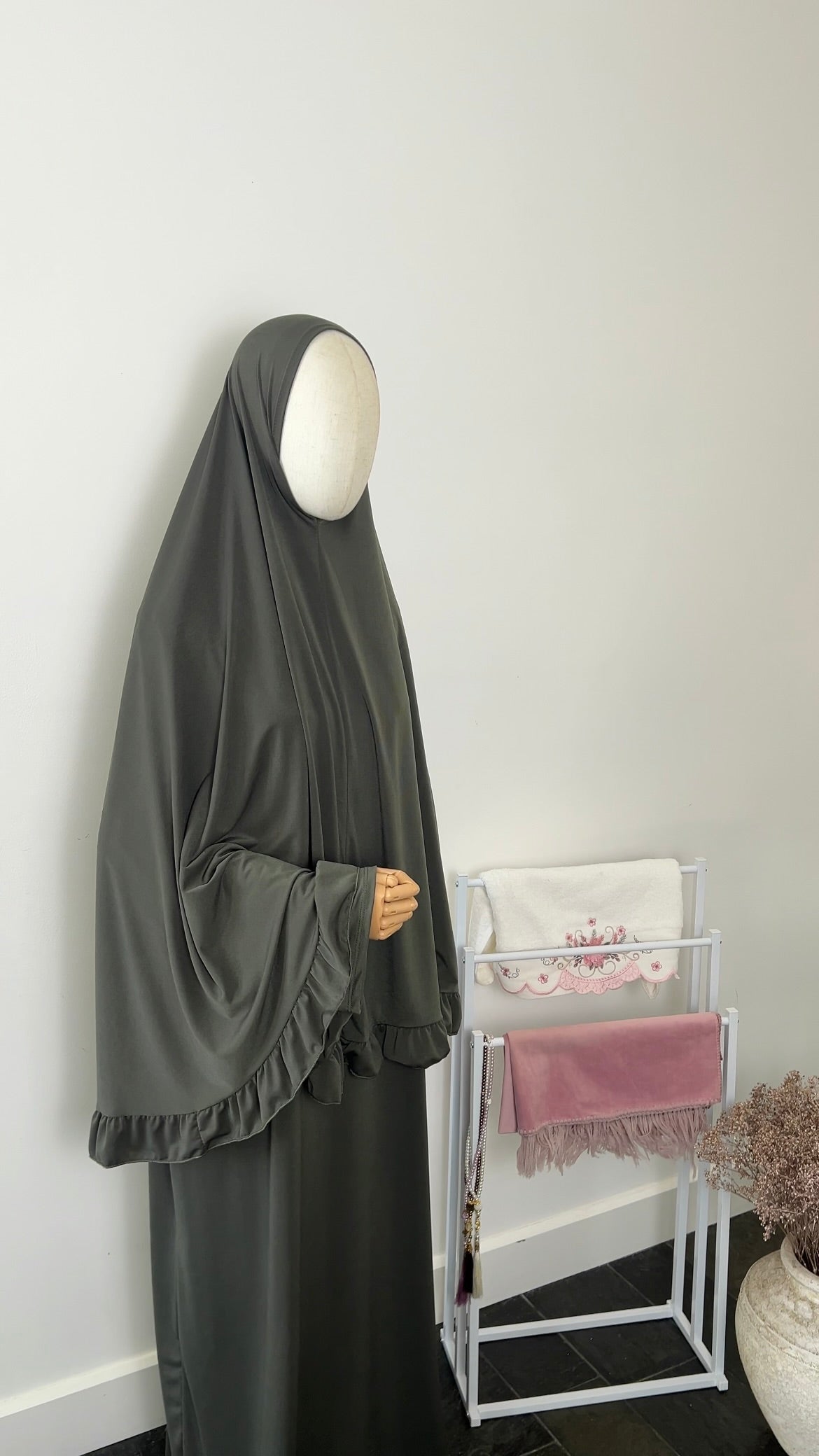 RUFFLE ABAYA KHIMAR SET DARK KHAKI