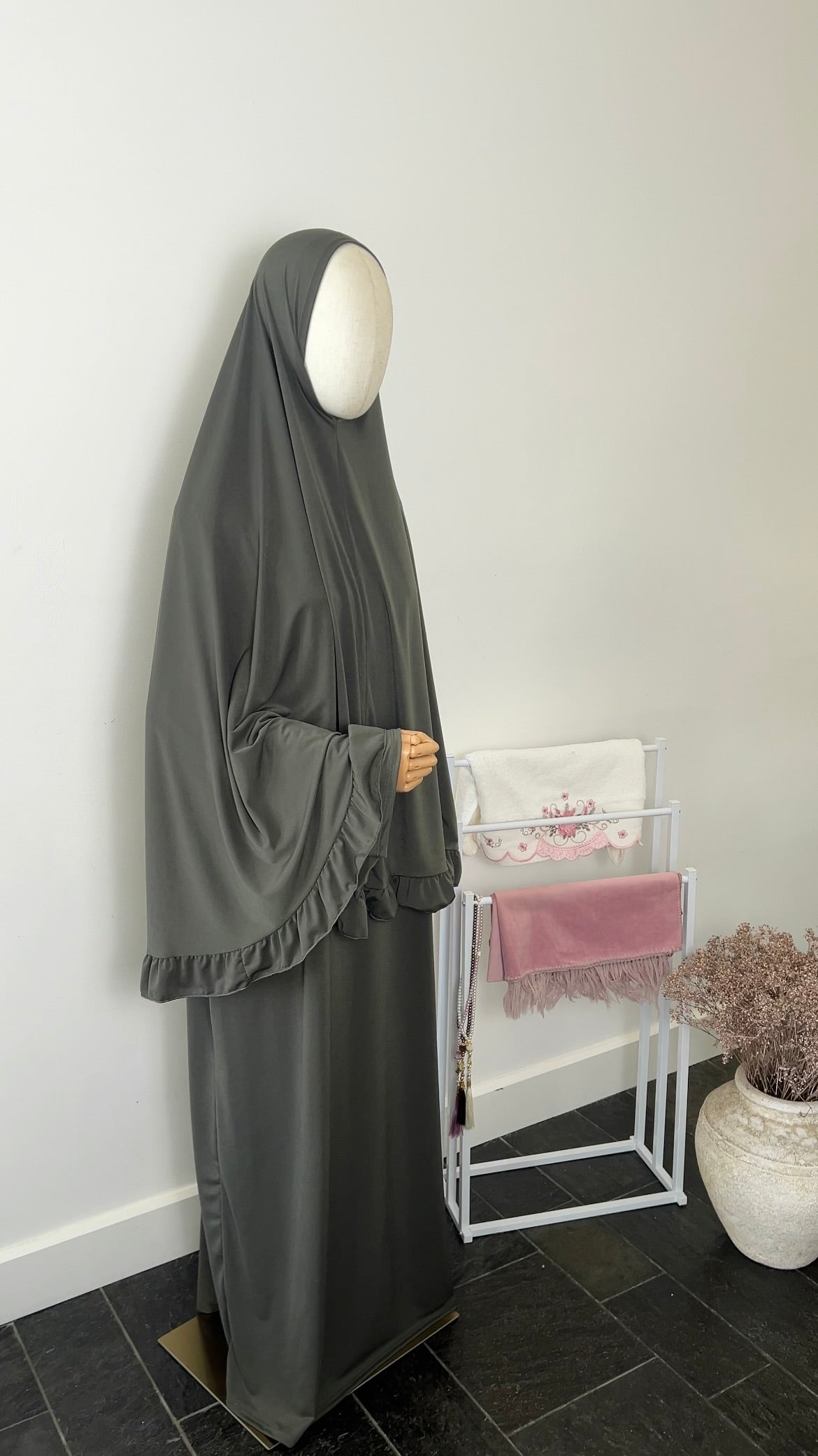 RUFFLE ABAYA KHIMAR SET DARK KHAKI