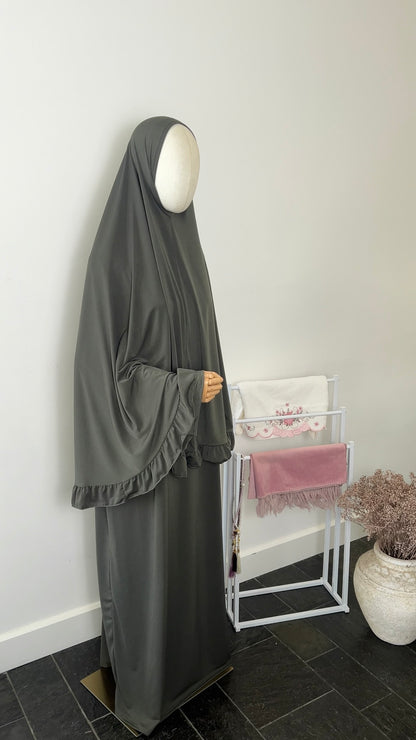 RUFFLE ABAYA KHIMAR SET DARK KHAKI