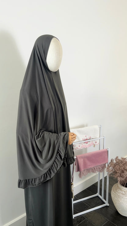 RUFFLE ABAYA KHIMAR SET DARK KHAKI