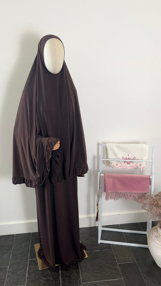 RUFFLE ABAYA KHIMAR SET DARK BROWN