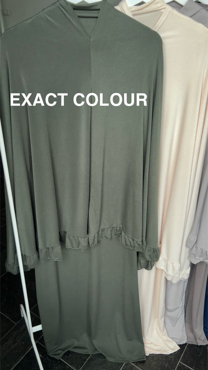 RUFFLE ABAYA KHIMAR SET DARK KHAKI