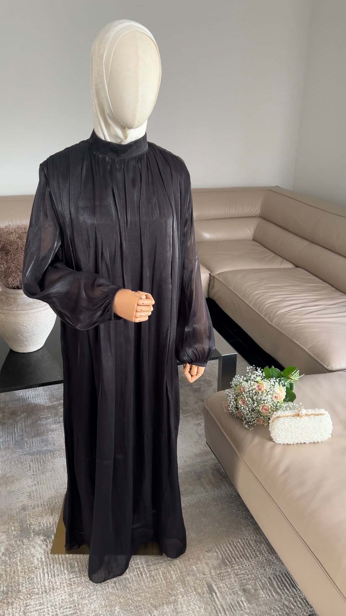 SATIN DRAPE DRESS BLACK