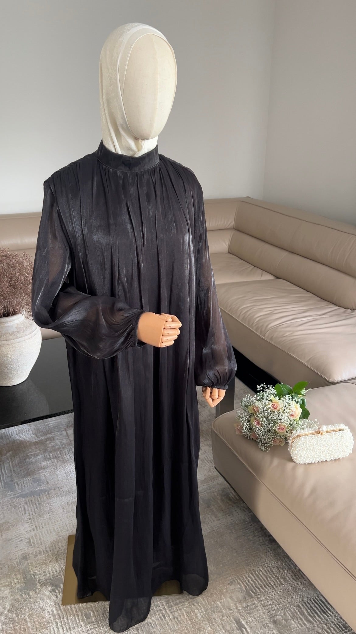 SATIN DRAPE DRESS BLACK