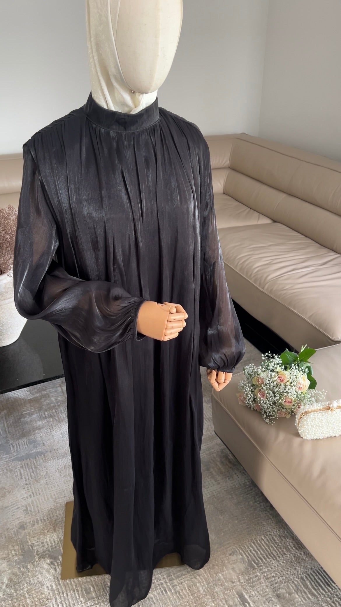 SATIN DRAPE DRESS BLACK