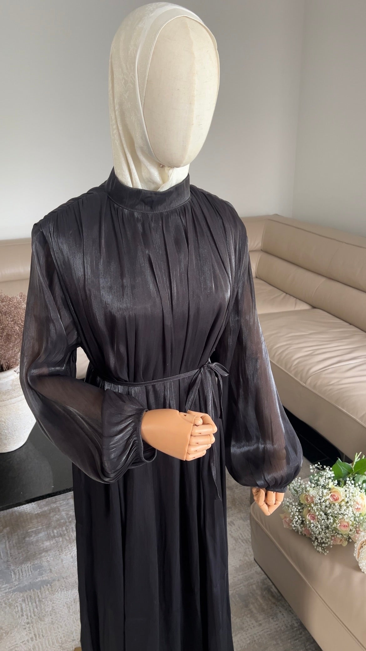 SATIN DRAPE DRESS BLACK
