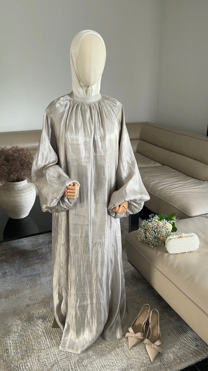 SATIN DRESS WITH BALLOON SLEEVES OLIVE GREEN