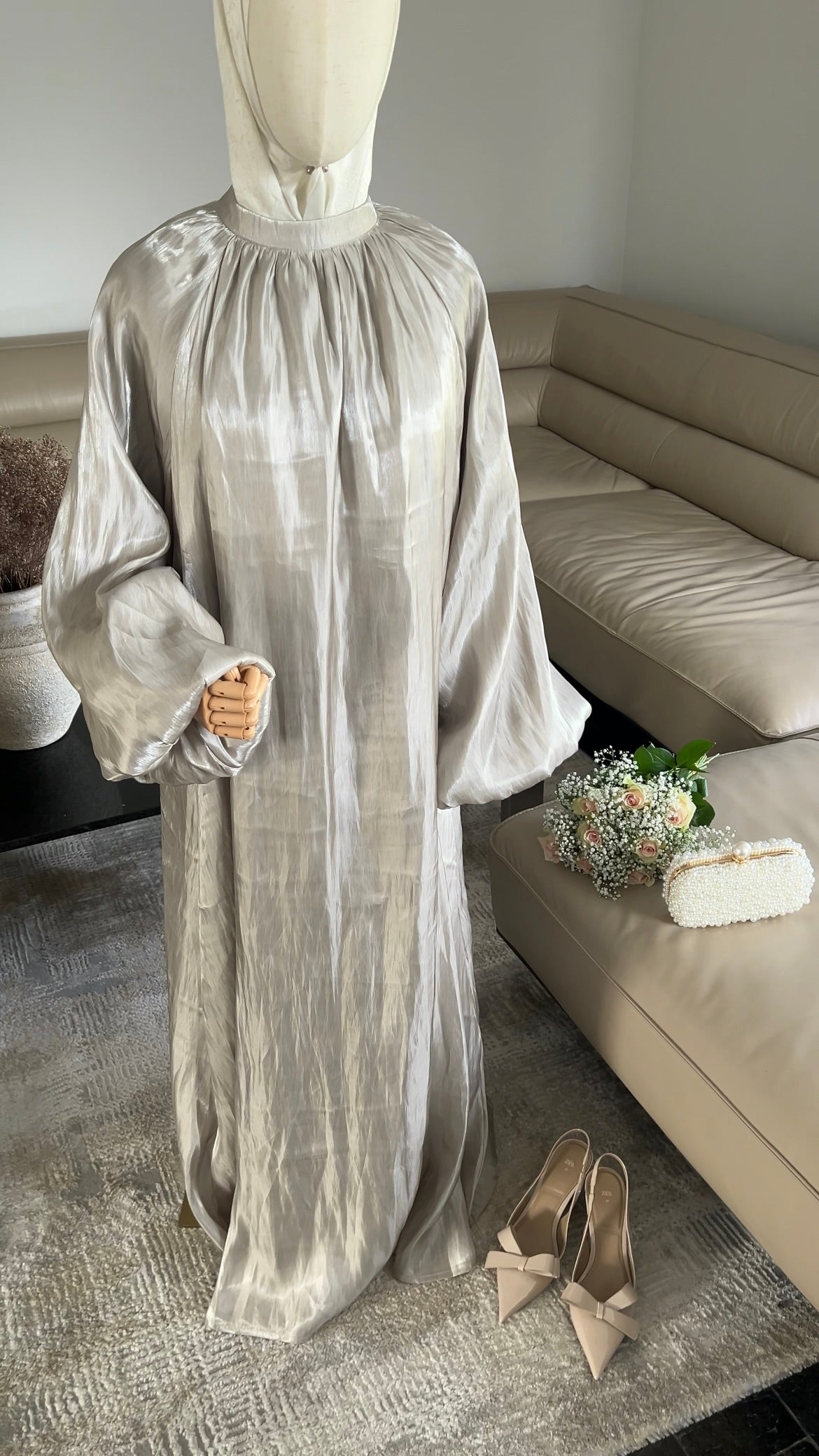 SATIN DRESS WITH BALLOON SLEEVES OLIVE GREEN