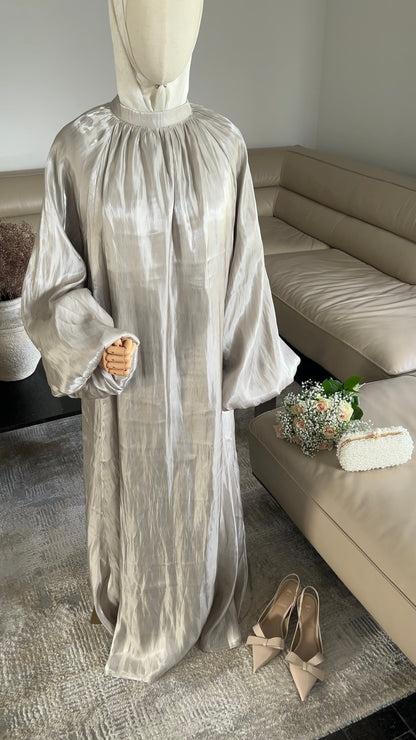 SATIN DRESS WITH BALLOON SLEEVES OLIVE GREEN