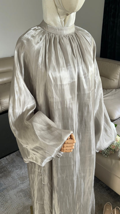 SATIN DRESS WITH BALLOON SLEEVES OLIVE GREEN