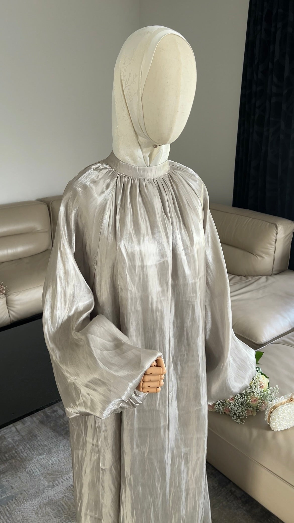 SATIN DRESS WITH BALLOON SLEEVES OLIVE GREEN