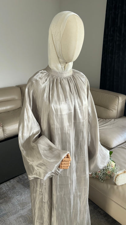 SATIN DRESS WITH BALLOON SLEEVES OLIVE GREEN