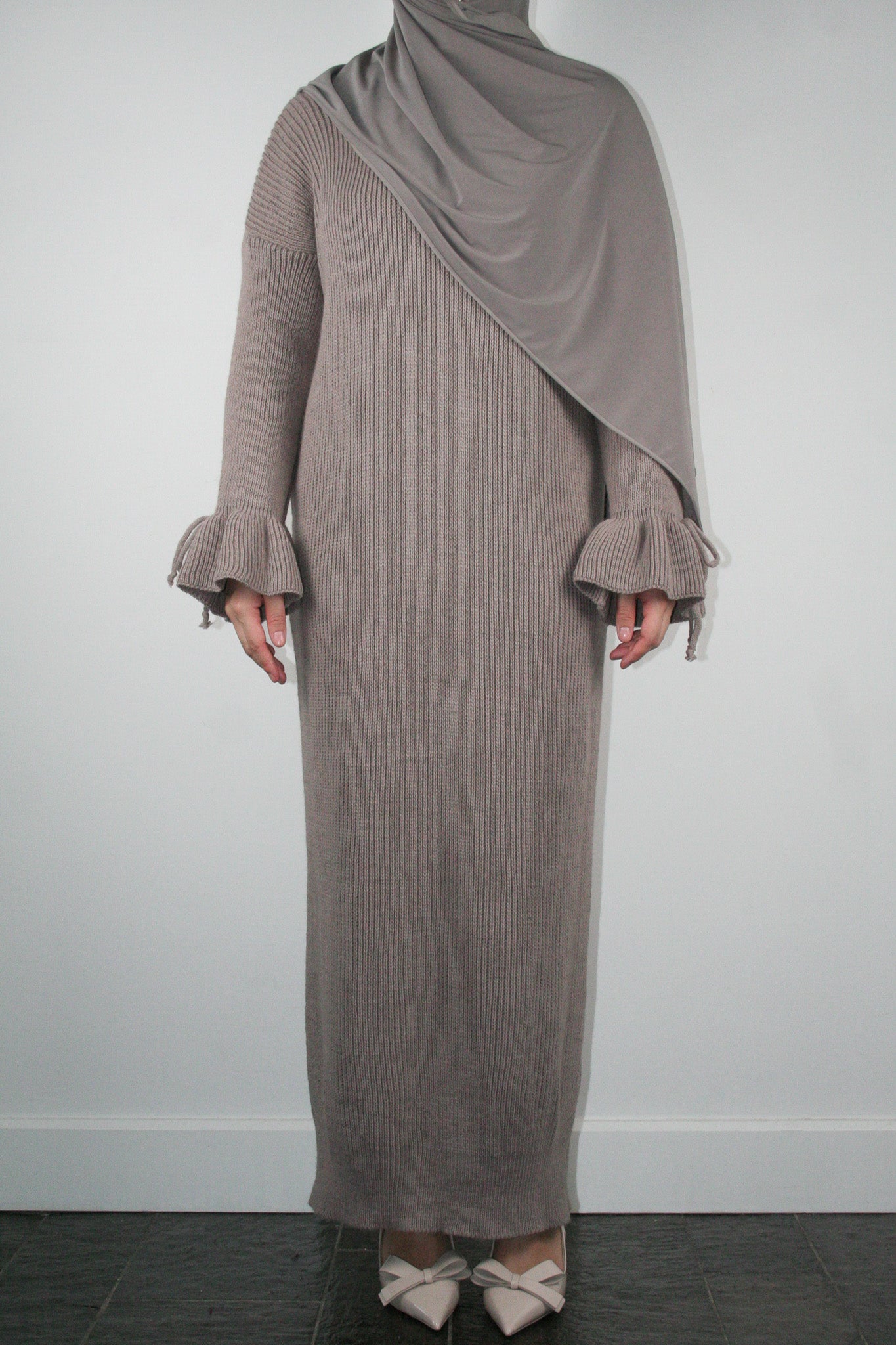 TAUPE BOW TIE DRESS