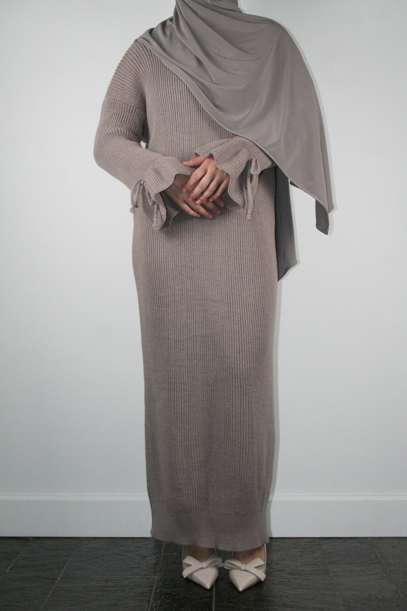 TAUPE BOW TIE DRESS