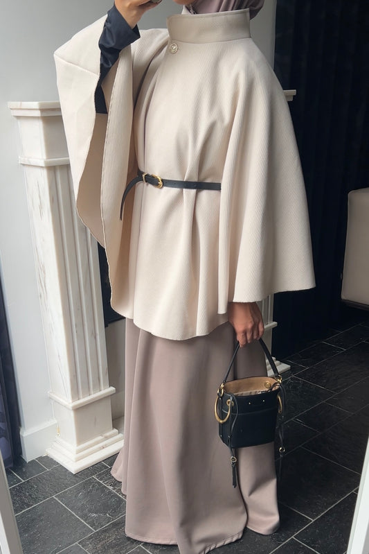 BEIGE RIBBED BELT PONCHO